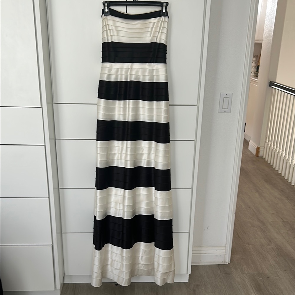 BCBG Elegant Black and White Striped Maxi Dress